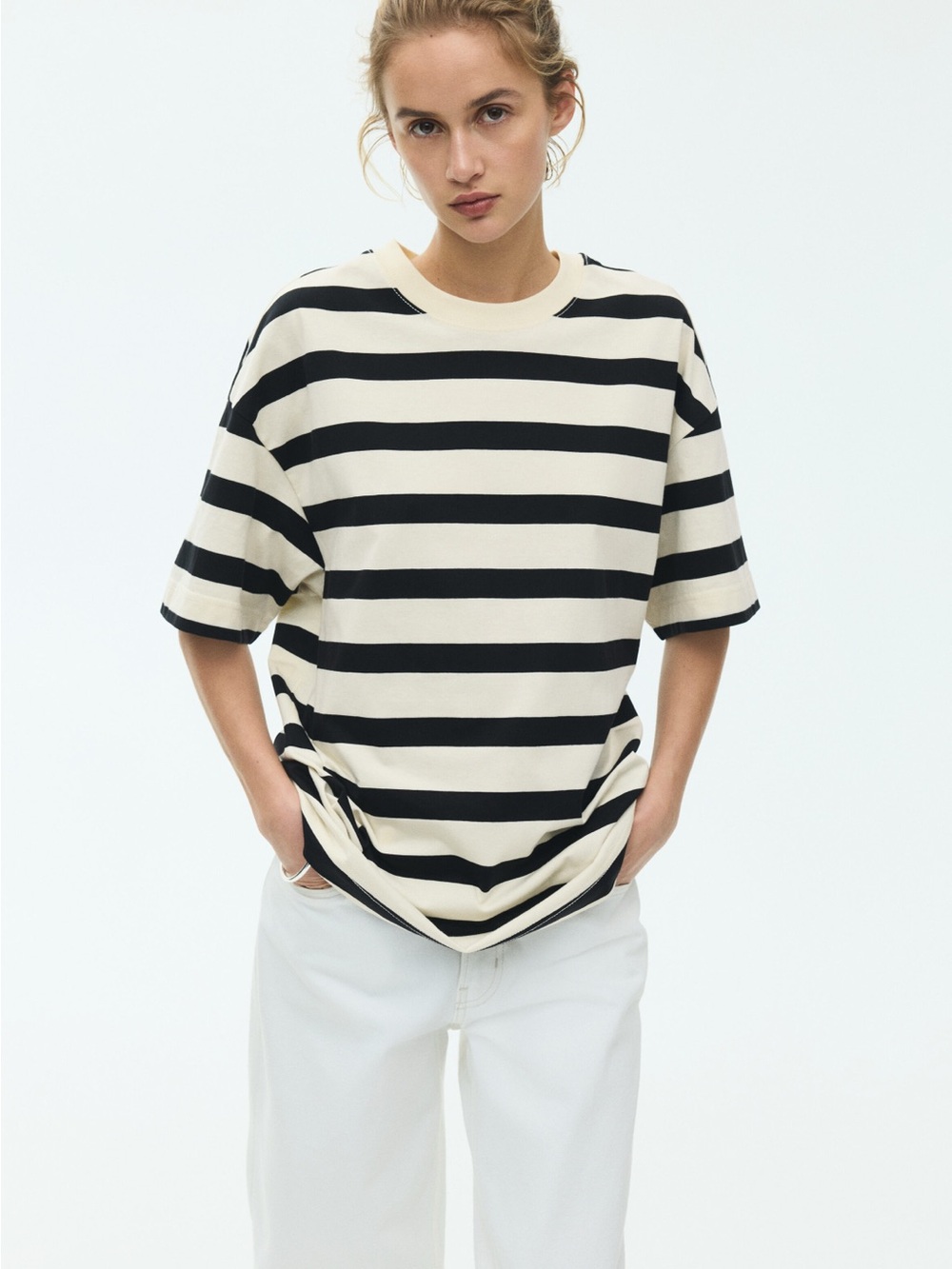 NWT H&M Oversized Striped Tee Black Cream M